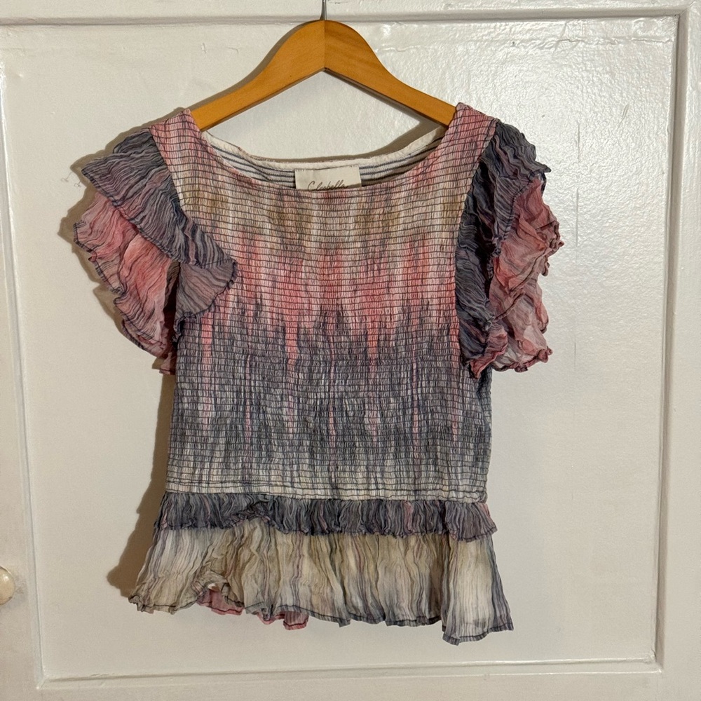 Cleobella Pink and Gray Ruffle Sleeve Blouse